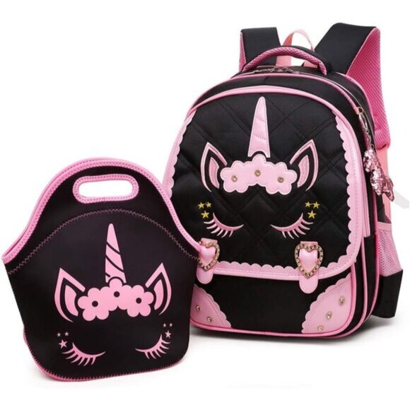 New Cute Unicorn Diamond Sequins Waterproof Princess School Backpack Set - Black - Picture 1 of 7